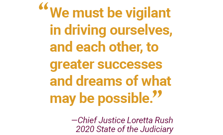 At the 2020 State of the Judiciary, Chief Justice Loretta Rush said, "We must be vigilant in driving ourselves, and each other, to greater successes and dreams of what may be possible."