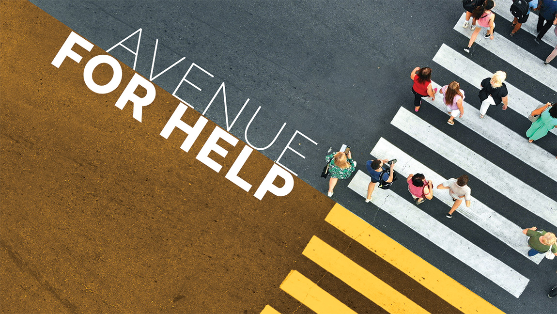 Birdseye view of people on the crosswalk of a large street and the words "Avenue for Help" overlaid.