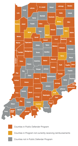 Map of Indiana showing counties that participate in program