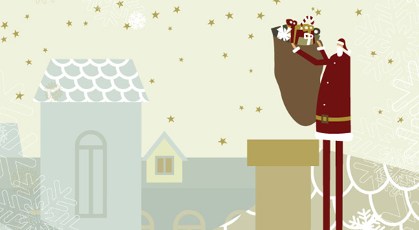 Illustration of Santa Claus on rooftop with bag of gifts