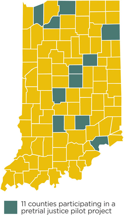Indiana map highlighting the counties participating in a pretrial justice pilot project.