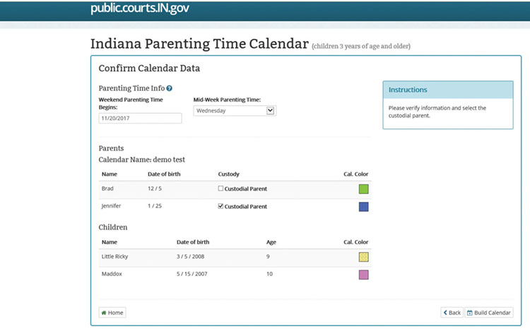 Screenshot of the Indiana Parenting Time Calendar application.