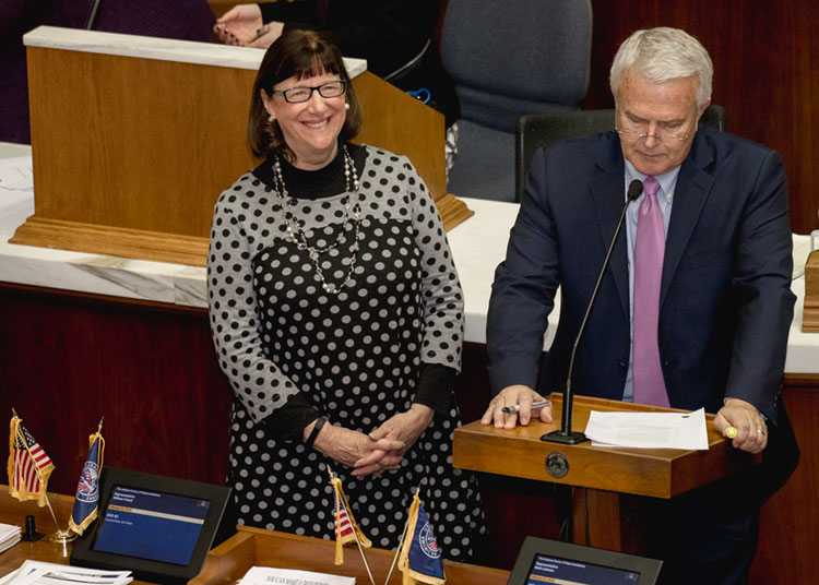 Jane Seigel smiles after being honored with a Joint Resolution of the Indiana General Assembly.