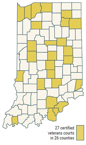 Map showing 26 of 92 counties have a veterans' court