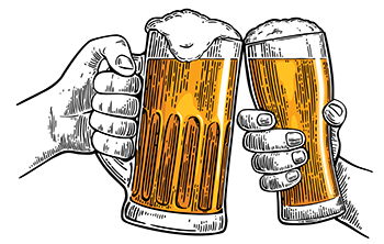 Two hands, each holding a beer. Illustration.