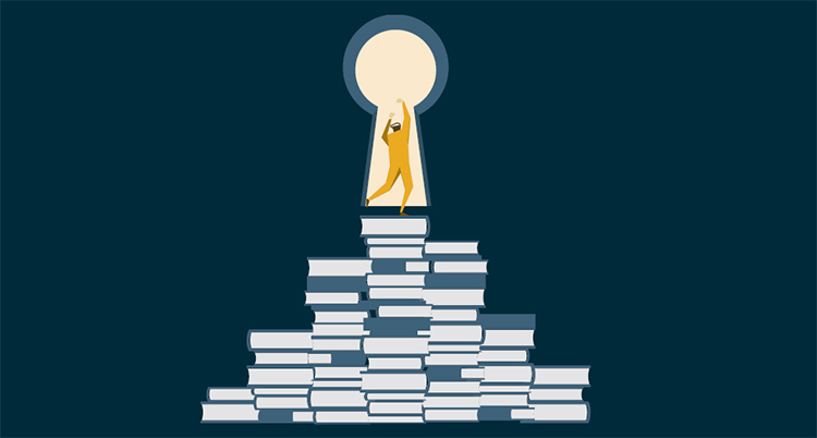 Person standing on stack of books that create a ladder to a keyhole the person can pass through (Illustration)