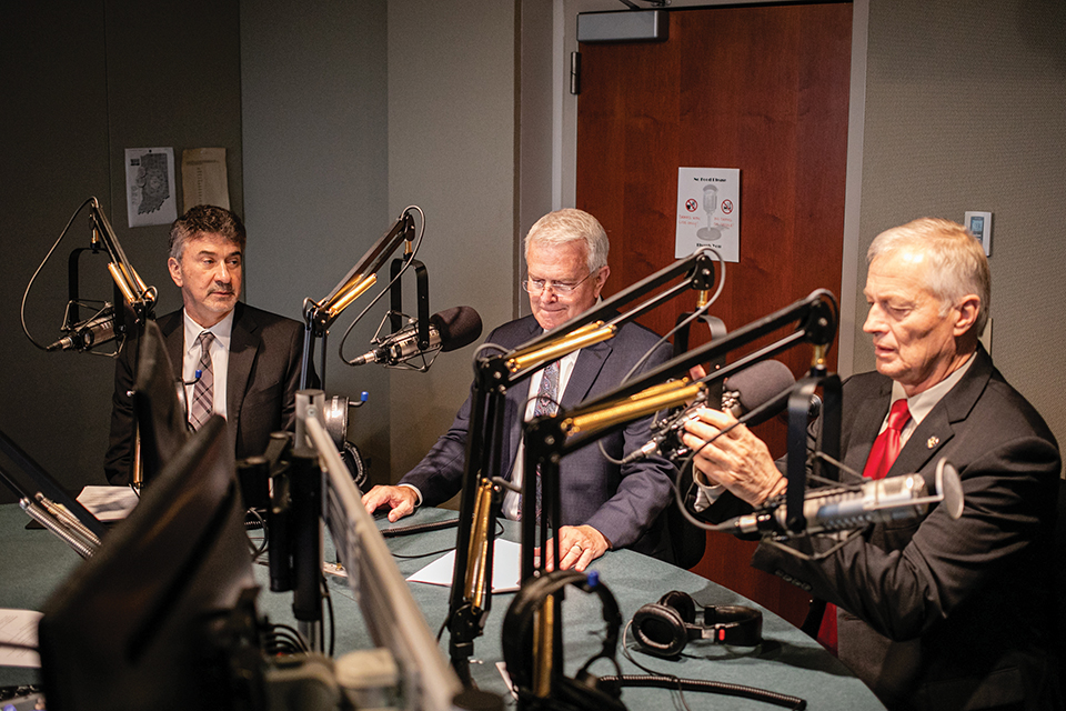 Justice David, Representative Greg Steuerwald, and Representative Randy Frye sit down for an interview on jail overcrowding at the WFYI studio for the program "All IN" on January 9, 2020. 