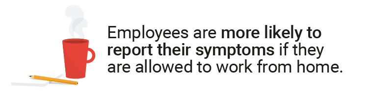 Illustration shows pencil, paper, and steaming mug of coffee. Text reads, "Employees are more likely to report their symptoms if they are allowed to work from home.
