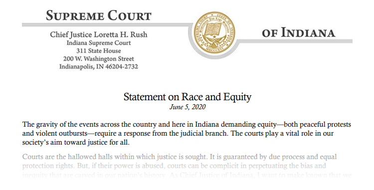 A screenshot of Chief Justice Loretta Rush's Statement on Race and Equity dated June 5, 2020 fading to white. Follow the linked image or link in the article to read the full statement.