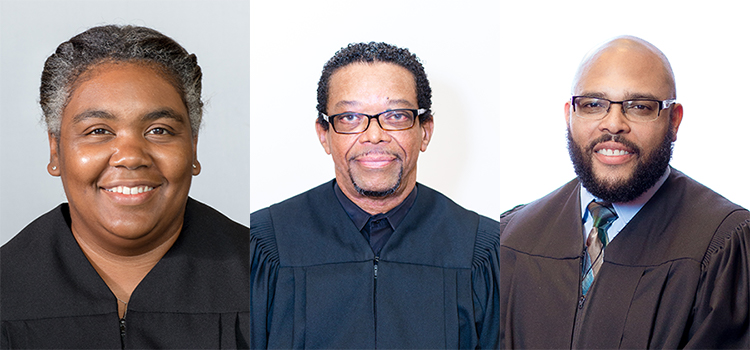 A photo composition of three judges wearing robes.