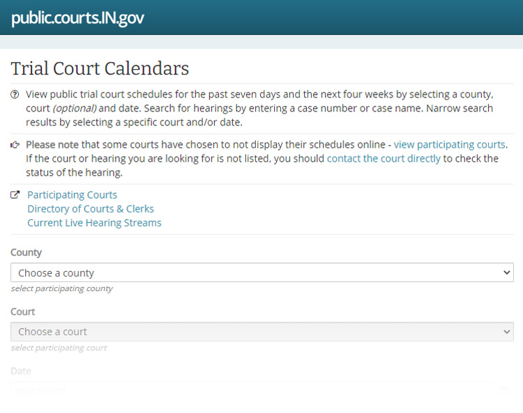 Screenshot of the Trial Court Calendar website application.