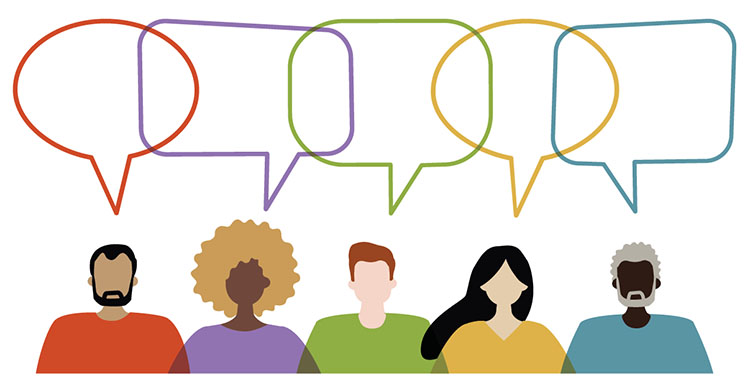 Illustration of five diverse people with speech bubbles overhead.