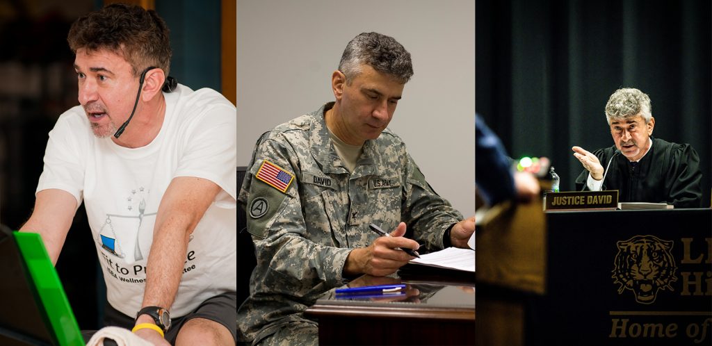 Justice David in casual exercise attire on spin cycle, in his fatigues behind a desk, and in his black robe questioning an attorney during oral argument.