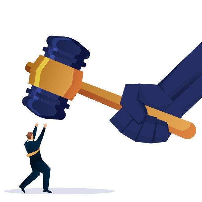A vector image of a man about to be hit by a gavel.