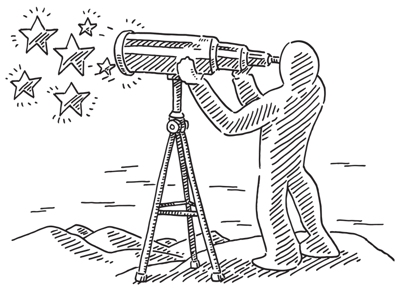 Graphic of a person looking through a telescope.