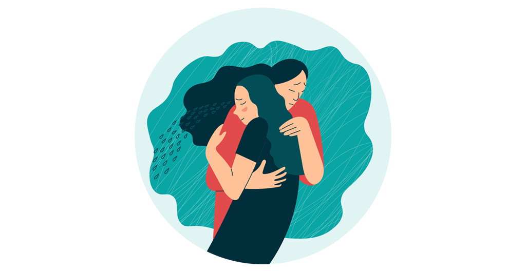 A woman embracing a crying teen amidst a chaotic background. (Illustration).