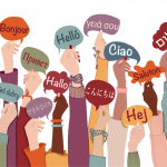 Many hands of many colors raising speech bubbles with various languages expressing "hi" or "hello." (Illustration).