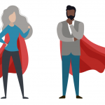 A woman and a man in plain clothes wearing capes because they are regular heroes. Illustration.