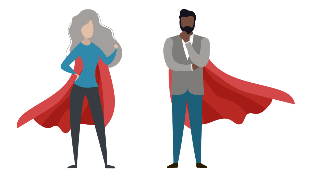 A woman and a man in plain clothes wearing capes because they are regular heroes. Illustration.