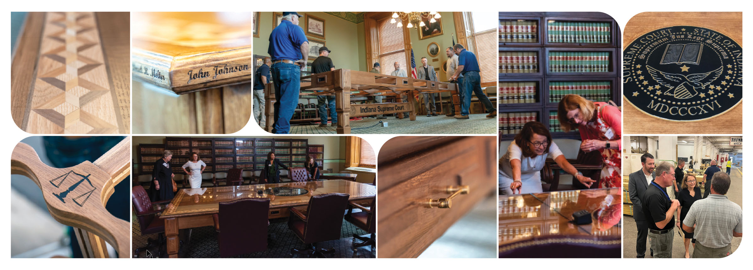 Collage of photos showing the details of the conference table, the crew setting it up, and the Chief Justice showing it to guests visiting the Court conference room.