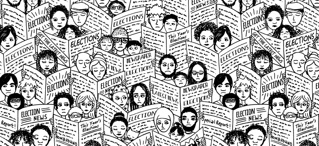 Line drawing of diverse people reading newspapers with election stories on the cover.