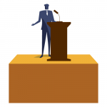 Graphic illustration of a man on a stage standing at a podium.