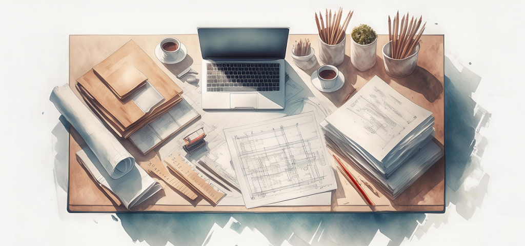 Birdseye view of a desk with a laptop, pens and pencils, and papers and plans. (AI generated).