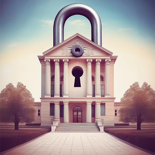 Courthouse with a padlock integrated into the facade. (AI generated).