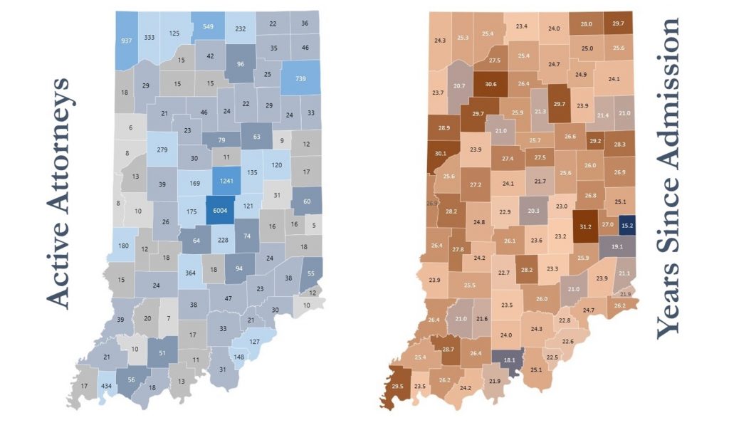 Two Indiana maps show that there are few active attorneys in rural areas of the state and the attorneys who do practice in rural counties are nearing retirement.