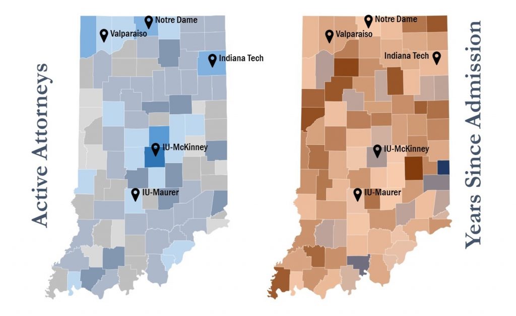 Two Indiana maps show the locations of Indiana's five law schools--when it had five law schools--overlaid with the maps showing age and location of attorneys county by county.