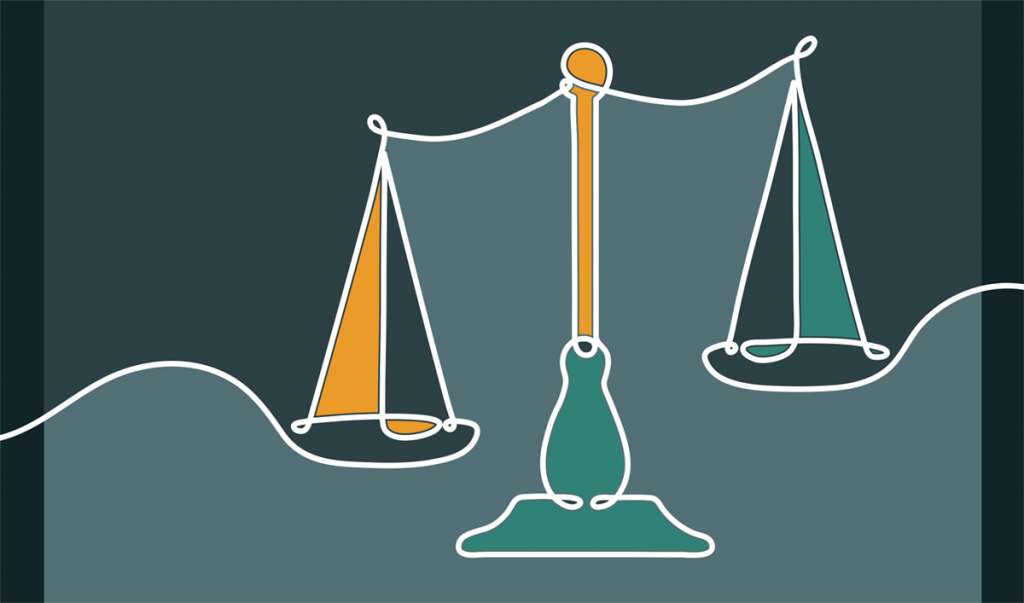 Illustration of an imbalanced scales of justice.
