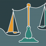 Line art of an imbalanced scales of justice.
