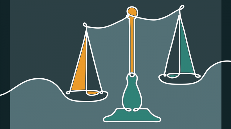 Line art of an imbalanced scales of justice.