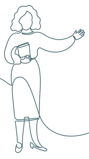 Illustration of a woman holding a book in one hand and holding out her other hand as if to offer it in assistance.