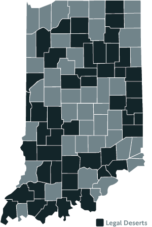 Map of Indiana counties identified as legal deserts.