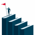 Illustration of man holding a red flag standing on a book in a series of books that get increasingly taller.