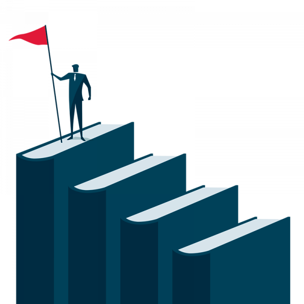 Illustration of man holding a red flag standing on a book in a series of books that get increasingly taller.