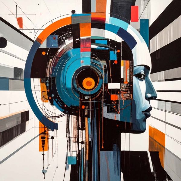 AI-generated image of an abstract human head in profile depicted with abstract inner-workings and diagonal lines in perspective containing the head.