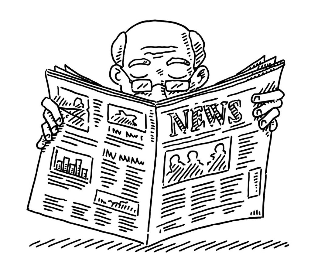 Hand-drawn vector drawing of an Old Man Reading a Newspaper.