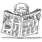 Hand-drawn vector drawing of an Old Man Reading a Newspaper.