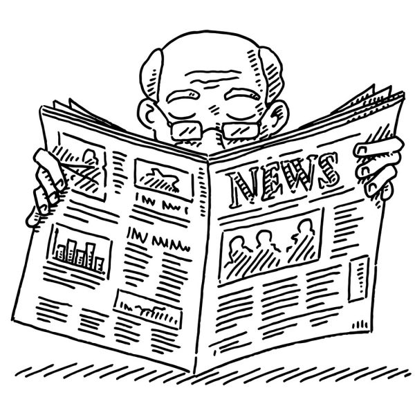 Hand-drawn vector drawing of an Old Man Reading a Newspaper.