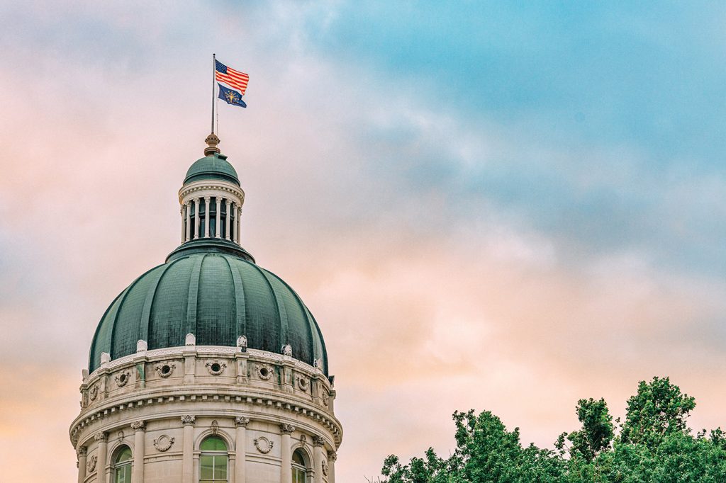 The Indiana Statehouse dome during sunset.