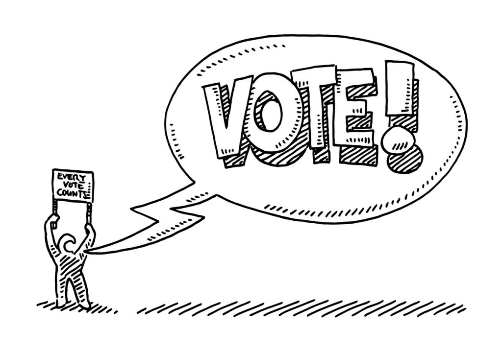 Hand-drawn vector drawing of a voting request with a speech bubble with the text Vote.