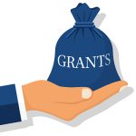 Hand holding bag of money with grants label.